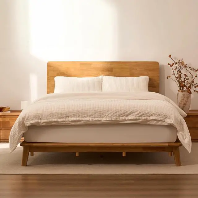 Main image of Hako G1 Solid Wood Platform Bed Frame Queen,Rubberwood,Tool-Free Assembly,Low Profile Floating,Storage Shelf&Charging Station,Modern Scandinavian Japanese Minimalist,Heavy Duty,Natural Oak
