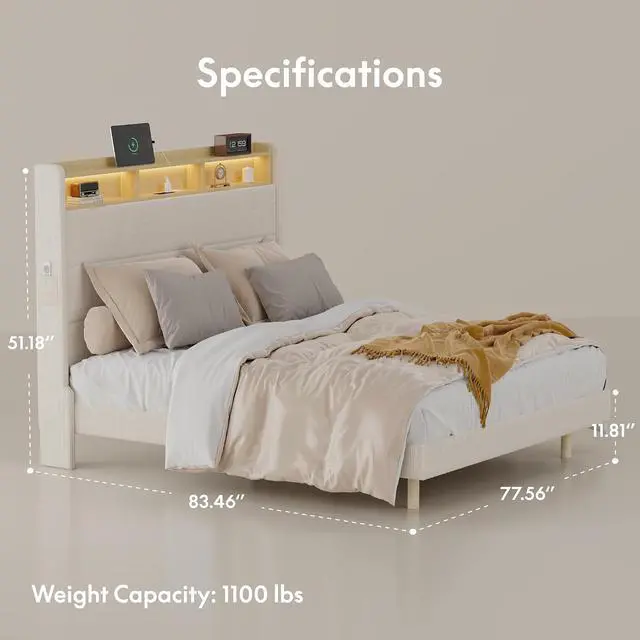 Alt view image 2 of 7 - King Platform Bed Frame with 51" Tall Upholstered Corduroy Headboard, Two-Tier Storage Shelves, LED Light & Charging Station, Remote Pocket, No Box Spring Needed,1100Ibs Heavy-Duty, Beige
