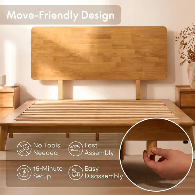 Alt view image 4 of 7 - Hako G1 Solid Wood Platform Bed Frame Queen,Rubberwood,Tool-Free Assembly,Low Profile Floating,Storage Shelf&Charging Station,Modern Scandinavian Japanese Minimalist,Heavy Duty,Natural Oak