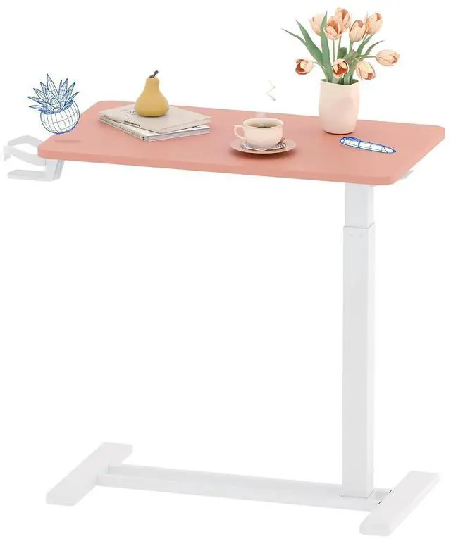 Main image of H7 Adjustable Overbed Bedside Table with Wheels Pneumatic Mobile Standing Desk Laptop Desk Rolling Computer Cart Movable Overbed Table Hospital Home Use(27.6" W x 15.7" D, Pink)