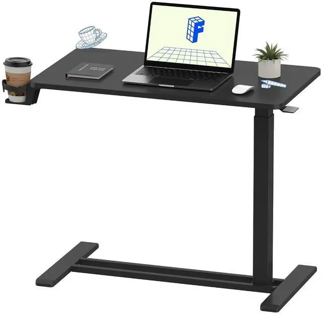Main image of H7 Adjustable Overbed Bedside Table with Wheels Pneumatic Mobile Standing Desk Laptop Desk Rolling Computer Cart Movable Overbed Tables Hospital Home Use(27.6" W x 15.7" D, Black Table)