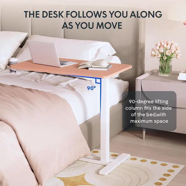 Alt view image 6 of 7 - H7 Adjustable Overbed Bedside Table with Wheels Pneumatic Mobile Standing Desk Laptop Desk Rolling Computer Cart Movable Overbed Table Hospital Home Use(27.6" W x 15.7" D, Pink)