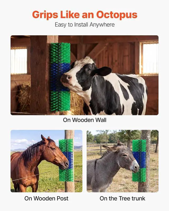 Alt view image 4 of 7 - Livestock Scratching Brush, 1PC Goat Scratcher Brush Post with 4 Screws, 16.9" x 7.5" Cow Scratcher for Back Itch Relief, Massage Grooming Scratch Tool for Horse Cattle Sheep Pig, Green & Blue