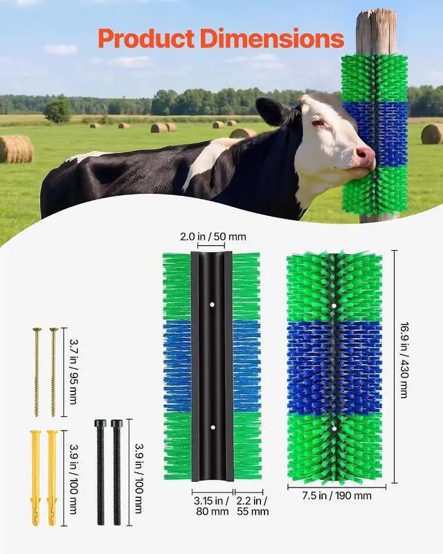 Alt view image 7 of 7 - Livestock Scratching Brush, 1PC Goat Scratcher Brush Post with 4 Screws, 16.9" x 7.5" Cow Scratcher for Back Itch Relief, Massage Grooming Scratch Tool for Horse Cattle Sheep Pig, Green & Blue