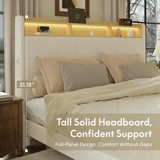 Alt view image 5 of 7 - King Platform Bed Frame with 51" Tall Upholstered Corduroy Headboard, Two-Tier Storage Shelves, LED Light & Charging Station, Remote Pocket, No Box Spring Needed,1100Ibs Heavy-Duty, Beige