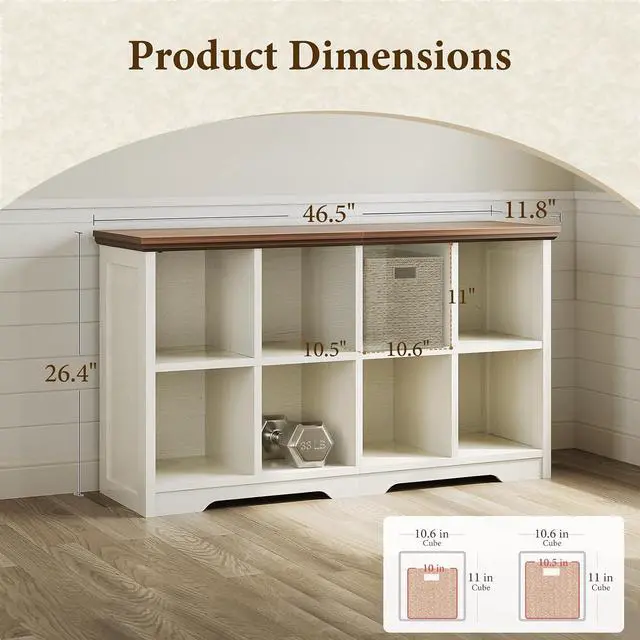 Alt view image 3 of 7 - 8 Cube Organizer Bookcase, Modern Farmhouse Open Shelf for Storage Bins & Decor, Display Bookshelf Console Closet for Living Room, Bedroom, Home Office, Walnut+White