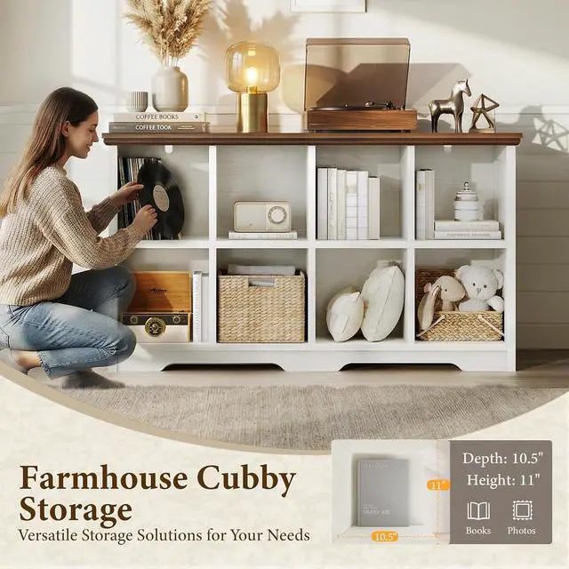 Alt view image 5 of 7 - 8 Cube Organizer Bookcase, Modern Farmhouse Open Shelf for Storage Bins & Decor, Display Bookshelf Console Closet for Living Room, Bedroom, Home Office, Walnut+White