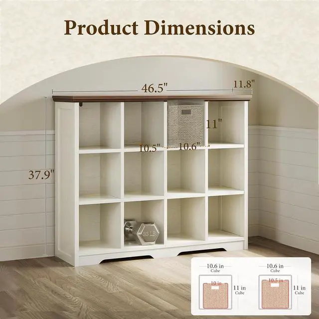Alt view image 3 of 7 - 12 Cube Organizer Bookcase, Modern Farmhouse Open Shelf for Storage Bins & Decor, Display Bookshelf Console Closet for Living Room, Bedroom, Home Office, Walnut+White