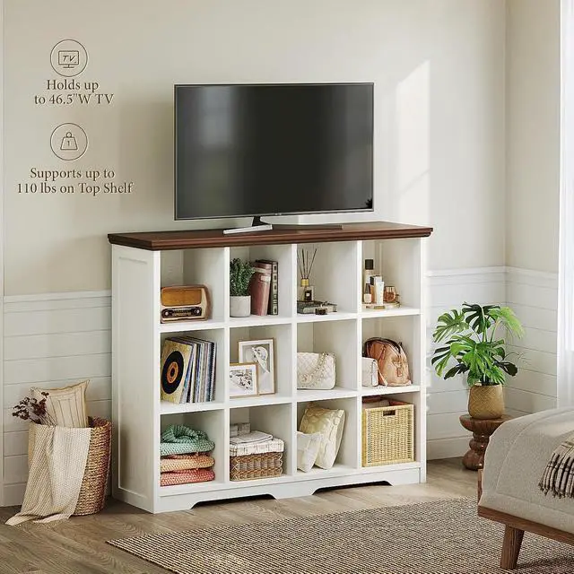 Alt view image 4 of 7 - 12 Cube Organizer Bookcase, Modern Farmhouse Open Shelf for Storage Bins & Decor, Display Bookshelf Console Closet for Living Room, Bedroom, Home Office, Walnut+White