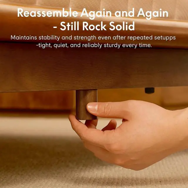 Alt view image 5 of 7 - Hako G1 Solid Wood Platform Bed Frame King, Rubberwood, Tool-Free Assembly, 1500 lbs Heavy Duty, Storage Headboard with Charging Station, Low Profile Japandi Minimalist Design, Brown