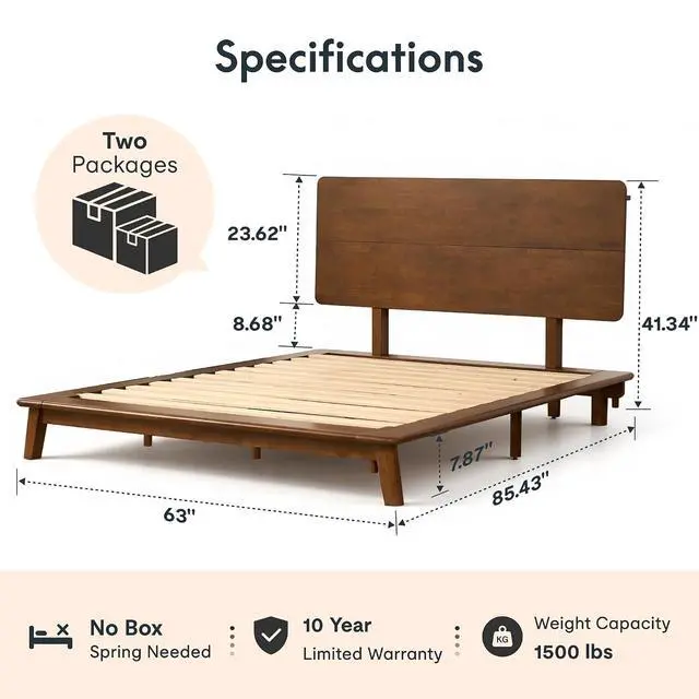 Alt view image 2 of 7 - Hako G1 Solid Wood Platform Bed Frame Queen, Rubberwood, Tool-Free Assembly, 1500 lbs Heavy Duty, Storage Headboard with Charging Station, Low Profile Japandi Minimalist Design, Brown