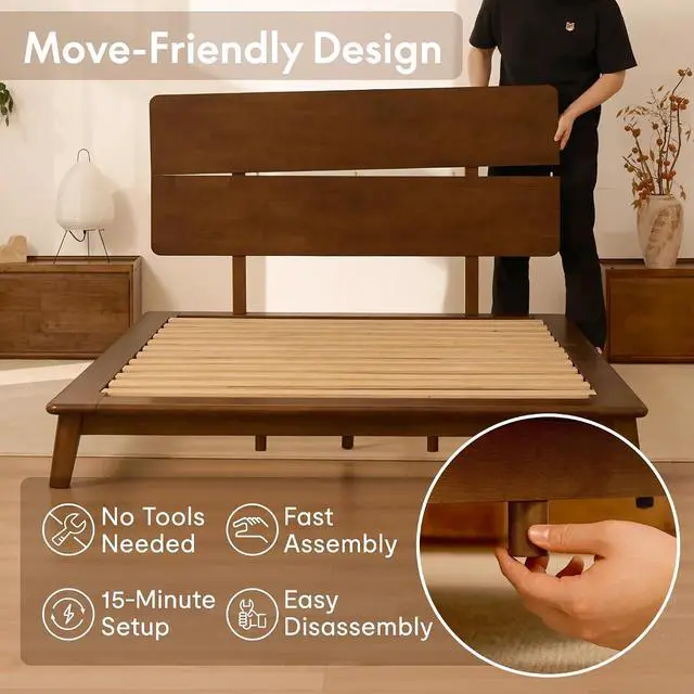 Alt view image 4 of 7 - Hako G1 Solid Wood Platform Bed Frame Queen, Rubberwood, Tool-Free Assembly, 1500 lbs Heavy Duty, Storage Headboard with Charging Station, Low Profile Japandi Minimalist Design, Brown
