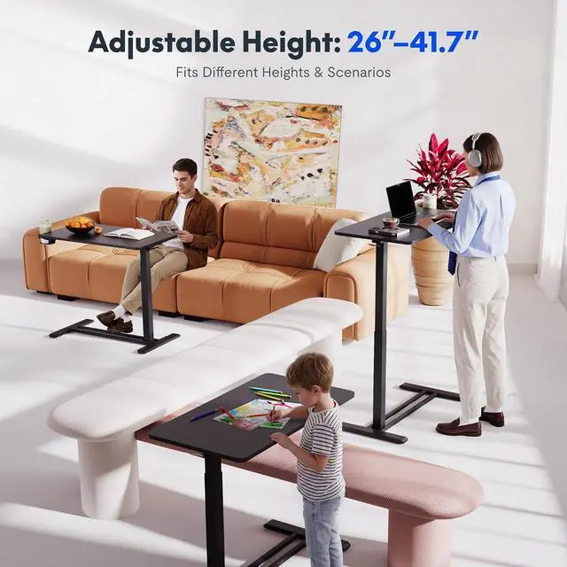 Alt view image 4 of 7 - H7 Adjustable Overbed Bedside Table with Wheels Pneumatic Mobile Standing Desk Laptop Desk Rolling Computer Cart Movable Overbed Tables Hospital Home Use(27.6" W x 15.7" D, Black Table)