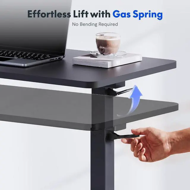 Alt view image 3 of 7 - H7 Adjustable Overbed Bedside Table with Wheels Pneumatic Mobile Standing Desk Laptop Desk Rolling Computer Cart Movable Overbed Tables Hospital Home Use(27.6" W x 15.7" D, Black Table)