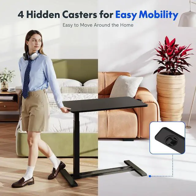 Alt view image 5 of 7 - H7 Adjustable Overbed Bedside Table with Wheels Pneumatic Mobile Standing Desk Laptop Desk Rolling Computer Cart Movable Overbed Tables Hospital Home Use(27.6" W x 15.7" D, Black Table)