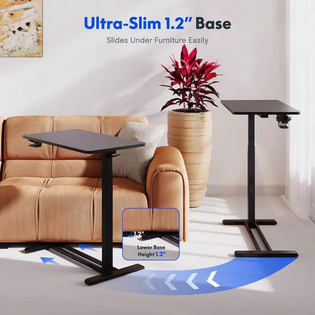 Alt view image 6 of 7 - H7 Adjustable Overbed Bedside Table with Wheels Pneumatic Mobile Standing Desk Laptop Desk Rolling Computer Cart Movable Overbed Tables Hospital Home Use(27.6" W x 15.7" D, Black Table)