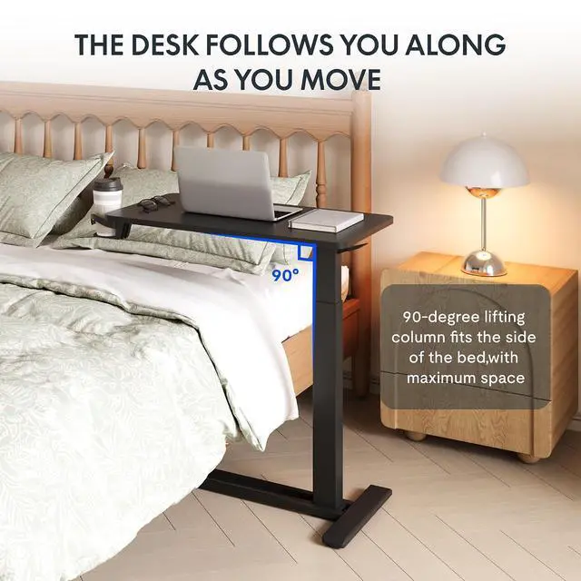 Alt view image 7 of 7 - H7 Adjustable Overbed Bedside Table with Wheels Pneumatic Mobile Standing Desk Laptop Desk Rolling Computer Cart Movable Overbed Tables Hospital Home Use(27.6" W x 15.7" D, Black Table)