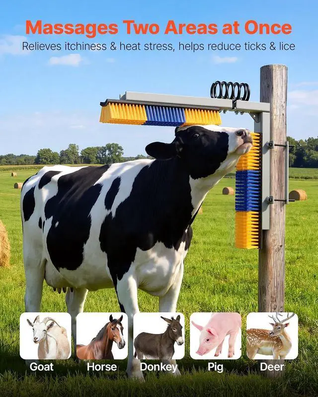 Alt view image 2 of 7 - Livestock Scratching Brush, 4PCS Goat Scratcher Brush Post with 16 Screws, 16.9"x3.9" Cow Scratcher for Back Itch Relief, Massage Grooming Scratch Tool for Horse Cattle Sheep Pig, Yellow & Blue