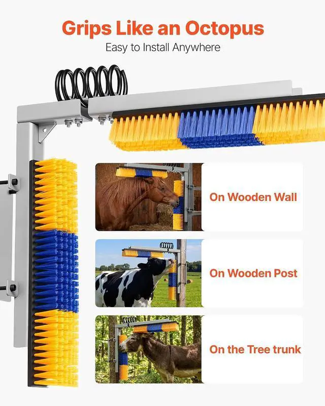 Alt view image 4 of 7 - Livestock Scratching Brush, 4PCS Goat Scratcher Brush Post with 16 Screws, 16.9"x3.9" Cow Scratcher for Back Itch Relief, Massage Grooming Scratch Tool for Horse Cattle Sheep Pig, Yellow & Blue