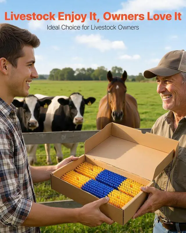 Alt view image 6 of 7 - Livestock Scratching Brush, 4PCS Goat Scratcher Brush Post with 16 Screws, 16.9"x3.9" Cow Scratcher for Back Itch Relief, Massage Grooming Scratch Tool for Horse Cattle Sheep Pig, Yellow & Blue