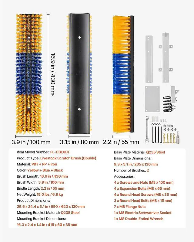 Alt view image 7 of 7 - Livestock Scratching Brush, 4PCS Goat Scratcher Brush Post with 16 Screws, 16.9"x3.9" Cow Scratcher for Back Itch Relief, Massage Grooming Scratch Tool for Horse Cattle Sheep Pig, Yellow & Blue