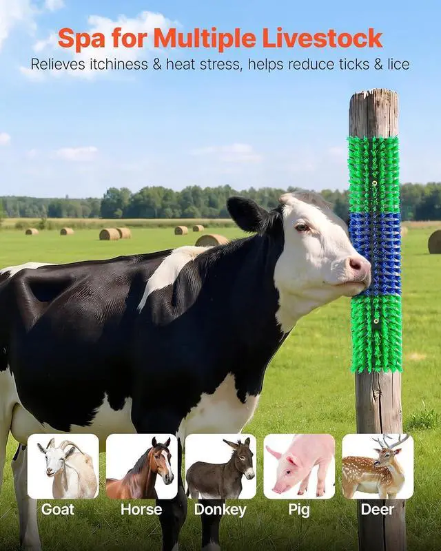 Alt view image 2 of 7 - Livestock Scratching Brush, 2PCS Goat Scratcher Brush Post with 8 Screws, 16.9" x 7.5" Cow Scratcher for Back Itch Relief, Massage Grooming Scratch Tool for Horse Cattle Sheep Pig, Green & Blue
