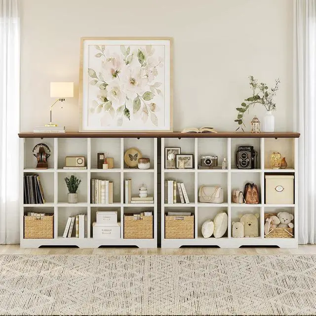 Alt view image 7 of 7 - 12 Cube Organizer Bookcase, Modern Farmhouse Open Shelf for Storage Bins & Decor, Display Bookshelf Console Closet for Living Room, Bedroom, Home Office, Walnut+White