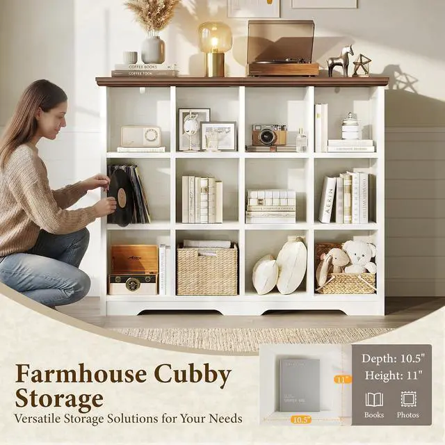 Alt view image 5 of 7 - 12 Cube Organizer Bookcase, Modern Farmhouse Open Shelf for Storage Bins & Decor, Display Bookshelf Console Closet for Living Room, Bedroom, Home Office, Walnut+White