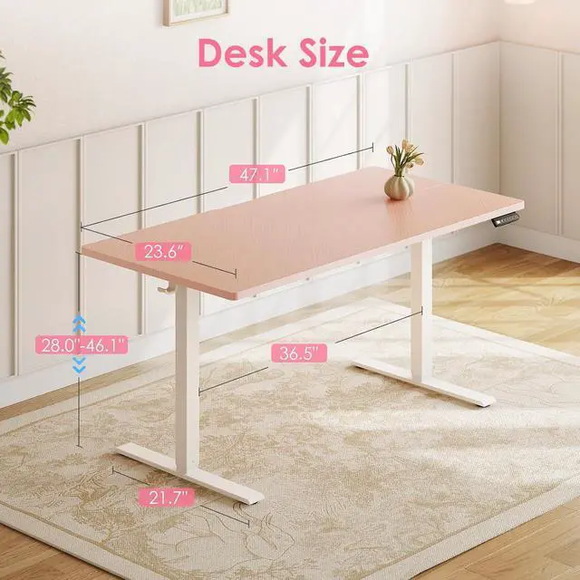 Alt view image 3 of 7 - Electric Height Adjustable Standing Desk, 48 Inch Pink Computer Desk for Women Girls, Sit Stand Table for Home, Office, Bedroom