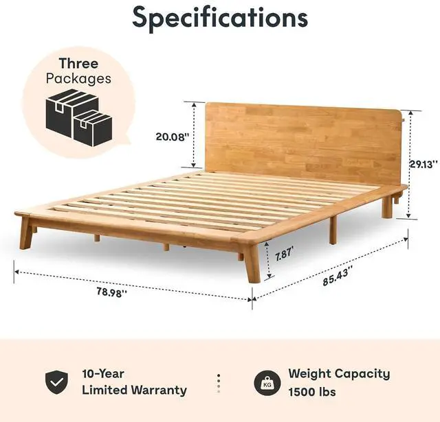 Alt view image 2 of 7 - Hako G1 1500Ibs Solid Wood Platform Bed Frame King,Rubberwood,Tool-Free Fast Assembly,Low Profile Floating,Storage Shelf&Charging Station,Modern Scandinavian Japanese Minimalist, Natural Oak