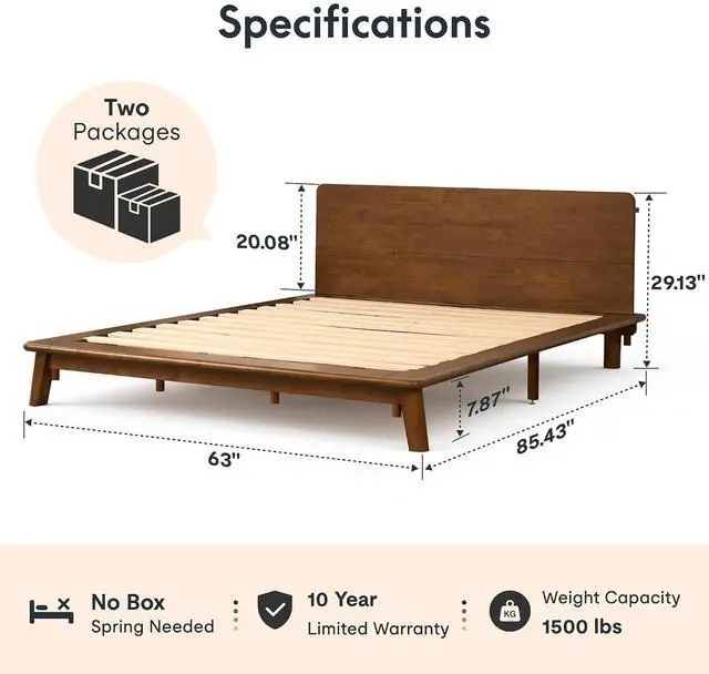 Alt view image 2 of 7 - Hako G1 Solid Wood Platform Bed Frame Queen, Rubberwood, Tool-Free Assembly, 1500 lbs Heavy Duty, Storage Headboard with Charging Station, Low Profile Japandi Minimalist Design, Brown