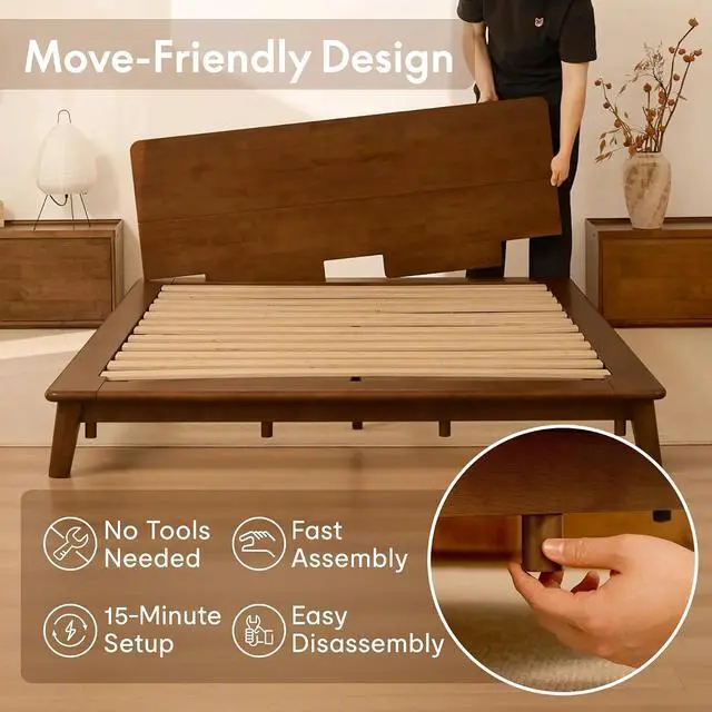Alt view image 4 of 7 - Hako G1 Solid Wood Platform Bed Frame Queen, Rubberwood, Tool-Free Assembly, 1500 lbs Heavy Duty, Storage Headboard with Charging Station, Low Profile Japandi Minimalist Design, Brown