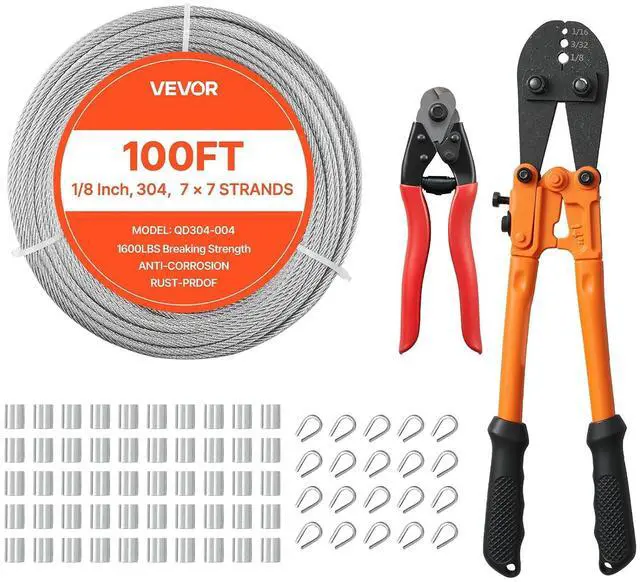 Main image of 1/8 Inch Wire Rope Kit, 100 ft Length, 304 Stainless Steel Wire Cable with Cutter, 1600 lbs Breaking Strength, 7 x 7 Strands Construction, Steel Cable for Deck Railing System, Garden Trellis