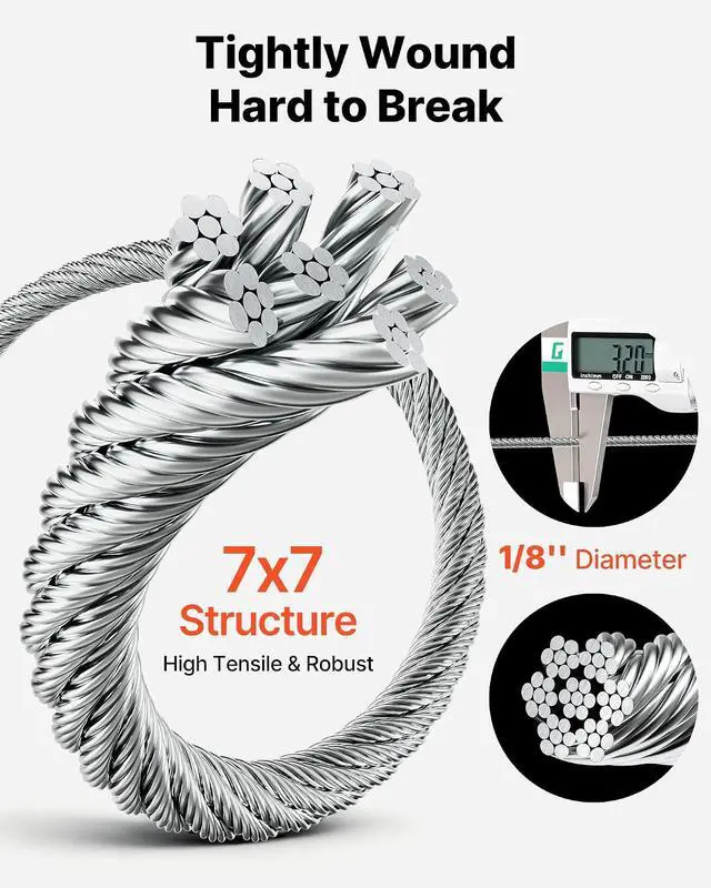 Alt view image 3 of 7 - 1/8 Inch Wire Rope Kit, 100 ft Length, 304 Stainless Steel Wire Cable with Cutter, 1600 lbs Breaking Strength, 7 x 7 Strands Construction, Steel Cable for Deck Railing System, Garden Trellis