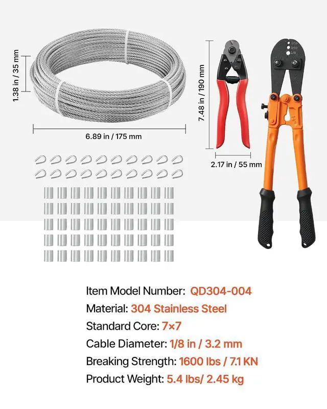 Alt view image 7 of 7 - 1/8 Inch Wire Rope Kit, 100 ft Length, 304 Stainless Steel Wire Cable with Cutter, 1600 lbs Breaking Strength, 7 x 7 Strands Construction, Steel Cable for Deck Railing System, Garden Trellis