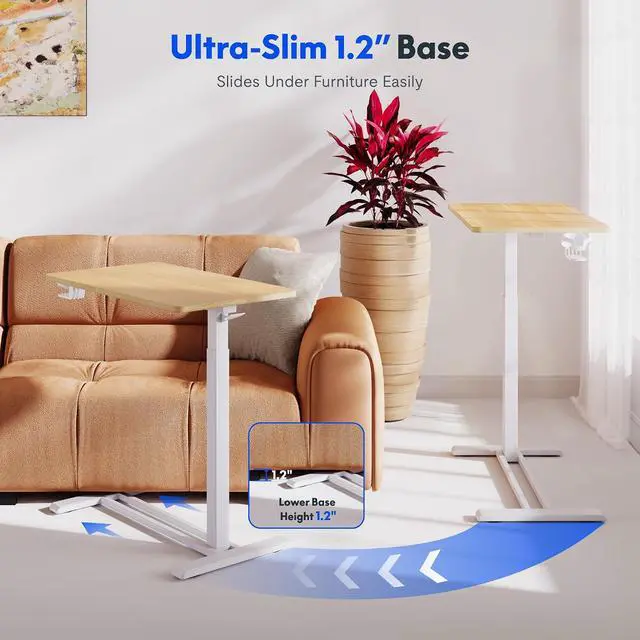 Alt view image 5 of 7 - H7 Adjustable Overbed Bedside Table with Wheels Pneumatic Mobile Standing Desk Laptop Desk Rolling Computer Cart Movable Table Hospital Home Use(31.5" W x 17.7" D, Maple Large)