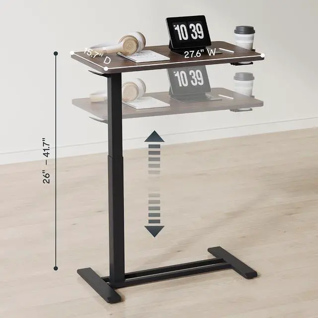 Alt view image 2 of 7 - H7 Adjustable Overbed Bedside Table with Wheels Pneumatic Mobile Standing Desk Laptop Desk Rolling Computer Cart Movable Table Hospital Home Use(27.6" W x 15.7" D, Mahogany Table)