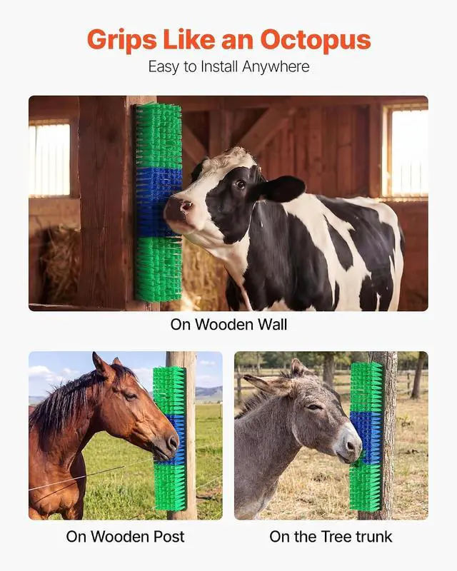Alt view image 4 of 7 - Livestock Scratching Brush, 2PCS Goat Scratcher Brush Post with 8 Screws, 16.9" x 7.5" Cow Scratcher for Back Itch Relief, Massage Grooming Scratch Tool for Horse Cattle Sheep Pig, Green & Blue