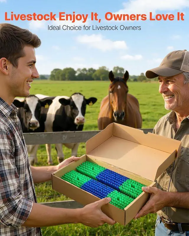 Alt view image 6 of 7 - Livestock Scratching Brush, 2PCS Goat Scratcher Brush Post with 8 Screws, 16.9" x 7.5" Cow Scratcher for Back Itch Relief, Massage Grooming Scratch Tool for Horse Cattle Sheep Pig, Green & Blue
