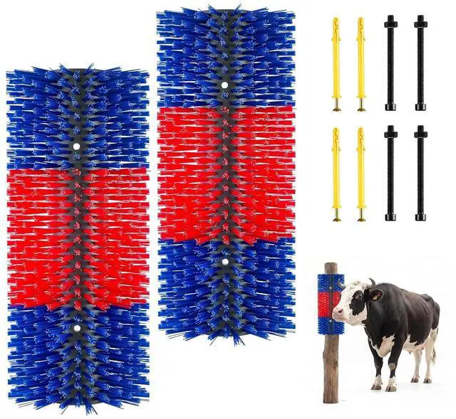 Main image of Livestock Scratching Brush, 3PCS Goat Scratcher Brush Post with 12 Screws, 16.9" x 7.5" Cow Scratcher for Back Itch Relief, Massage Grooming Scratch Tool for Horse Cattle Sheep Pig, Blue & Red