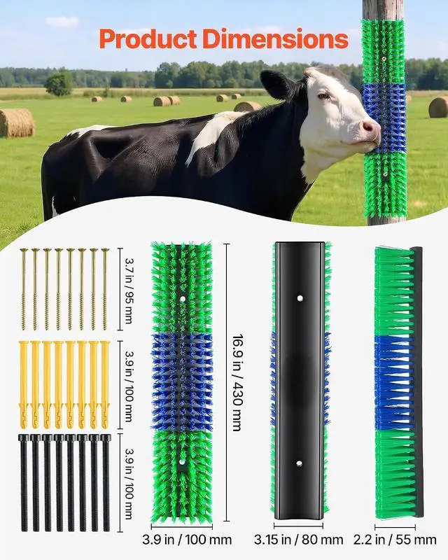 Alt view image 7 of 7 - Livestock Scratching Brush, 2PCS Goat Scratcher Brush Post with 8 Screws, 16.9" x 7.5" Cow Scratcher for Back Itch Relief, Massage Grooming Scratch Tool for Horse Cattle Sheep Pig, Green & Blue