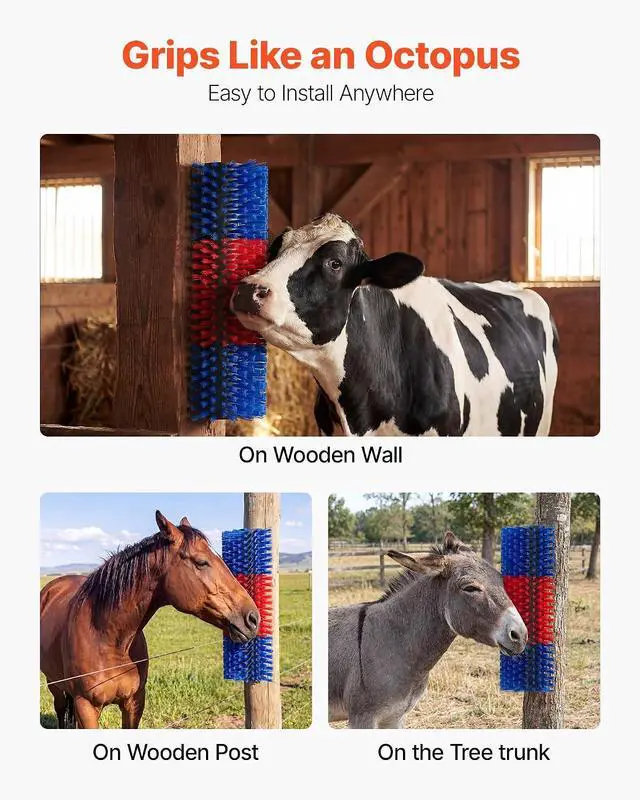 Alt view image 4 of 7 - Livestock Scratching Brush, 3PCS Goat Scratcher Brush Post with 12 Screws, 16.9" x 7.5" Cow Scratcher for Back Itch Relief, Massage Grooming Scratch Tool for Horse Cattle Sheep Pig, Blue & Red