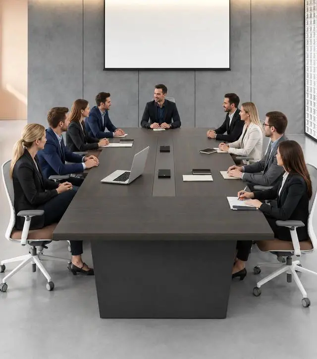 Alt view image 3 of 7 - 10FT Conference Table, Large Meeting Table for 10 People, Business Style Training Table with Charging Stations & 2" Thickened TableTop for Office Conference (Smoked Walnut & Gray, 118"L * 51"W * 30"H)