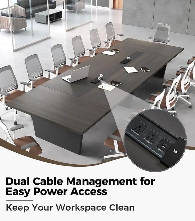 Alt view image 4 of 7 - 10FT Conference Table, Large Meeting Table for 10 People, Business Style Training Table with Charging Stations & 2" Thickened TableTop for Office Conference (Smoked Walnut & Gray, 118"L * 51"W * 30"H)