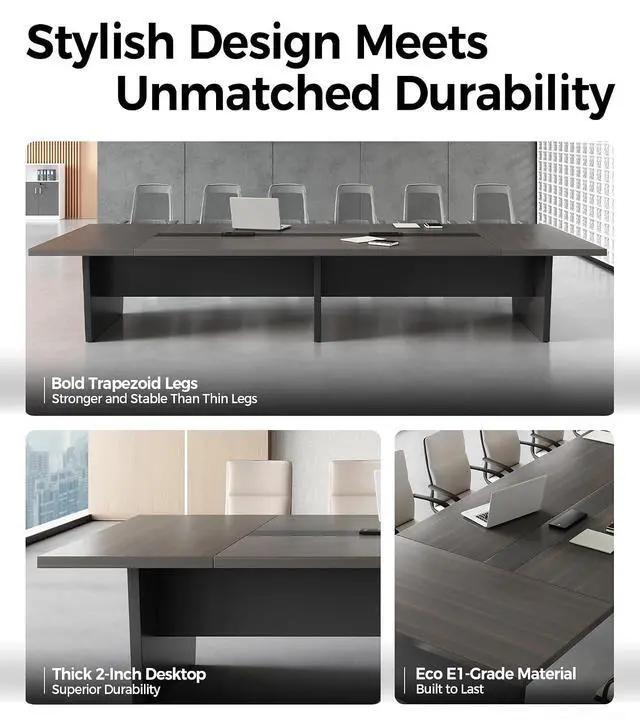 Alt view image 5 of 7 - 10FT Conference Table, Large Meeting Table for 10 People, Business Style Training Table with Charging Stations & 2" Thickened TableTop for Office Conference (Smoked Walnut & Gray, 118"L * 51"W * 30"H)