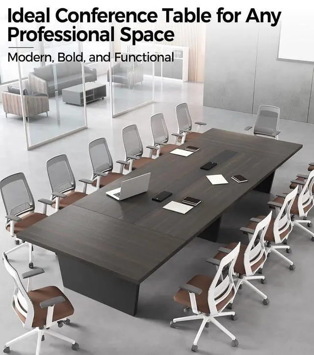 Alt view image 6 of 7 - 10FT Conference Table, Large Meeting Table for 10 People, Business Style Training Table with Charging Stations & 2" Thickened TableTop for Office Conference (Smoked Walnut & Gray, 118"L * 51"W * 30"H)