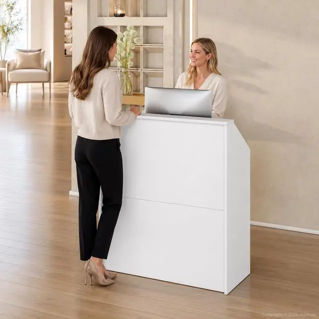 Alt view image 3 of 7 - 39.3" White Reception Desk with Counter, Small Receptionist Desk with 2 Locking Drawers and Open Lower Storage Shelf for Office, Salon, Retail (39.37" L x 14.96" W x 36.22" H)