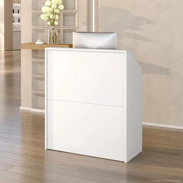 Main image of 39.3" White Reception Desk with Counter, Small Receptionist Desk with 2 Locking Drawers and Open Lower Storage Shelf for Office, Salon, Retail (39.37" L x 14.96" W x 36.22" H)
