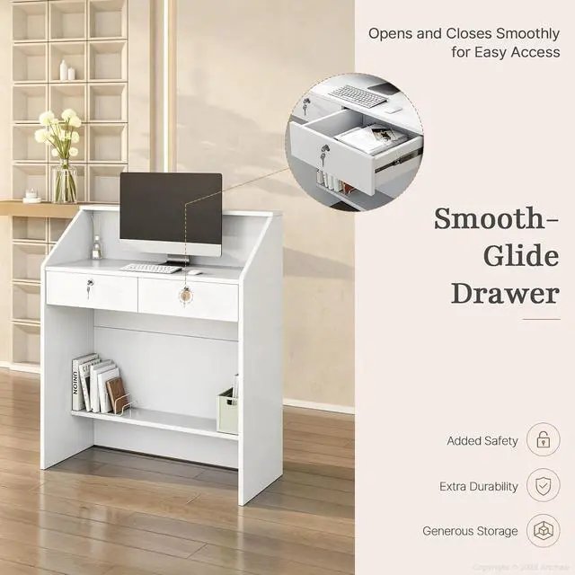 Alt view image 4 of 7 - 39.3" White Reception Desk with Counter, Small Receptionist Desk with 2 Locking Drawers and Open Lower Storage Shelf for Office, Salon, Retail (39.37" L x 14.96" W x 36.22" H)