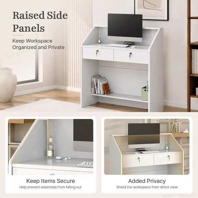 Alt view image 5 of 7 - 39.3" White Reception Desk with Counter, Small Receptionist Desk with 2 Locking Drawers and Open Lower Storage Shelf for Office, Salon, Retail (39.37" L x 14.96" W x 36.22" H)